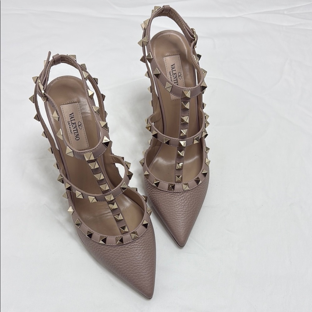 Valentino Tan Studded Heels with Signature Design